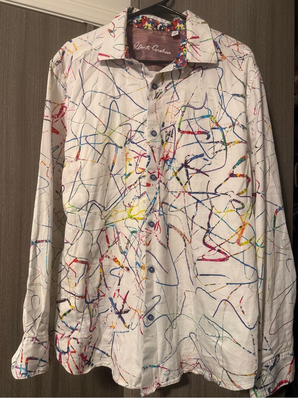 Robert Graham White Long-Sleeve Shirt with Multicolor Abstract Scribble Print